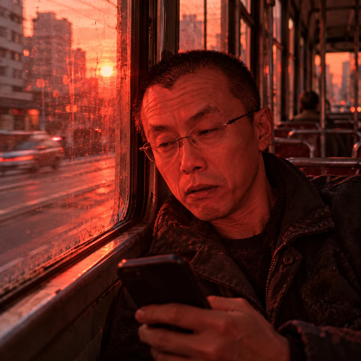 Red Morning on an almost-empty tram at sunrise